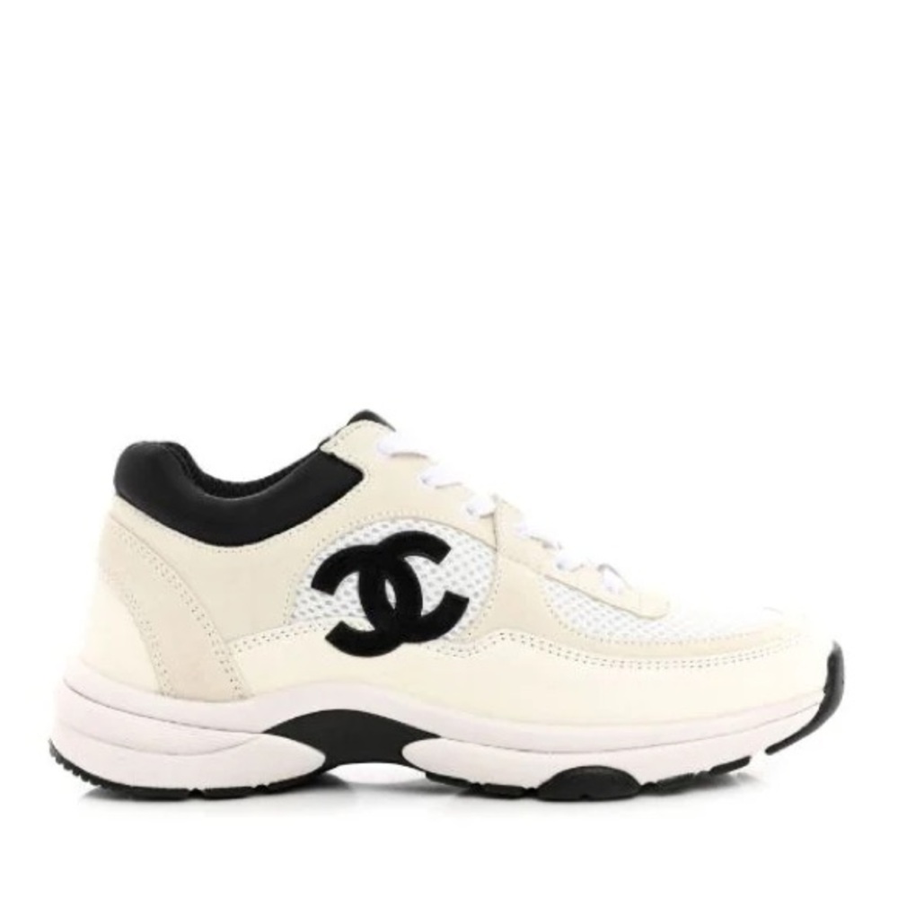 Mesh Suede Calfskin Grained Calfskin Womens CC Sneakers 36 White Black